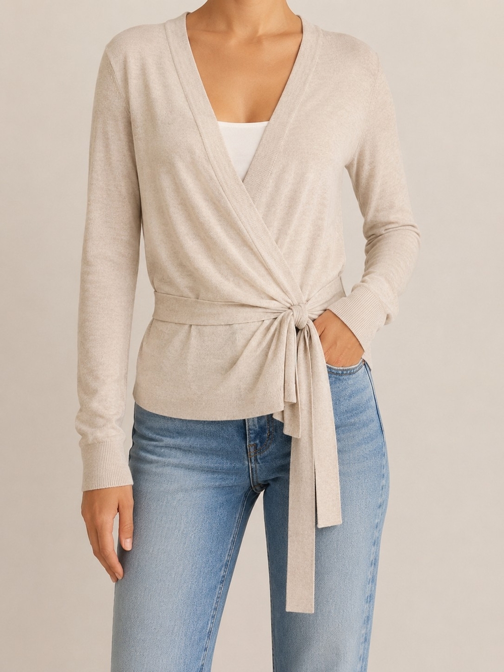 Halogen Merino Wool Wrap Sweater Cardigan Sm Beige Tie Waist Balletcore Luxury